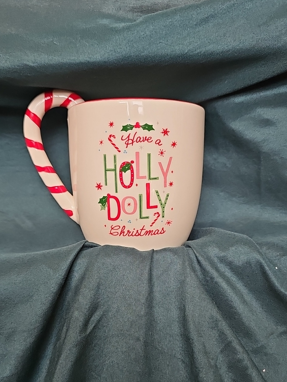 Have a Holly Dolly Christmas Pink Holiday Mug with Candy-Stripe Handle
